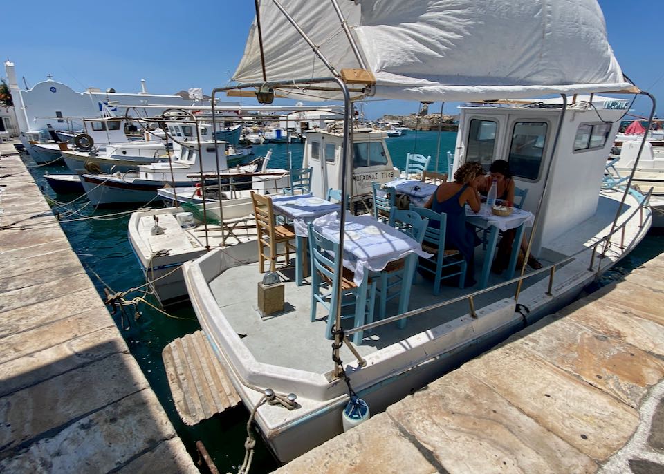 Restaurant on boat in Paros.