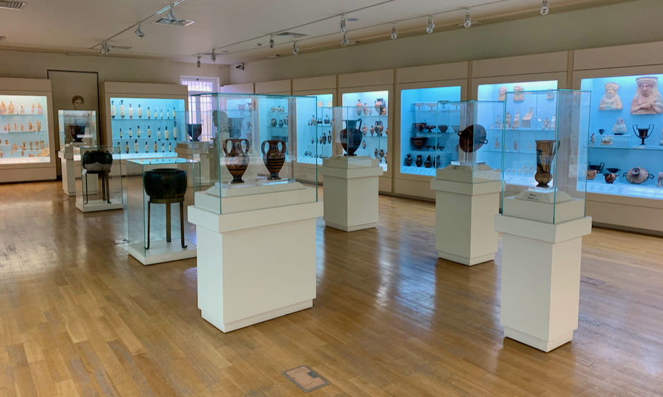Ancient Greek artifacts displayed in a museum