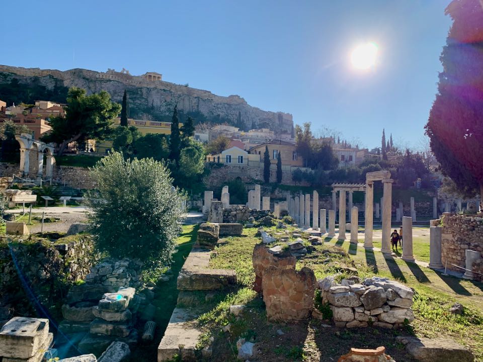 View from the Roman Forum in Athens, looking south through marble columns to the Acropolis