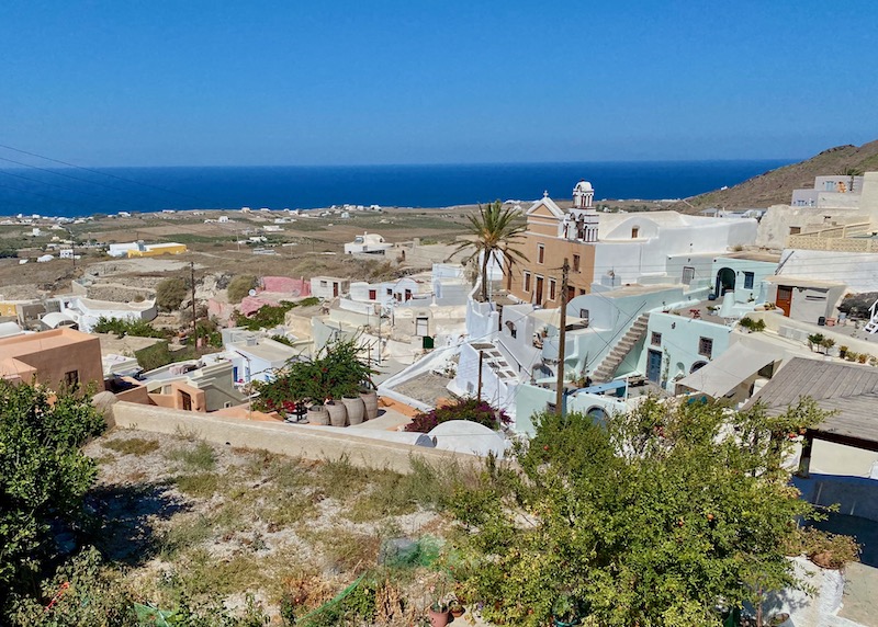 View toward the Aegean Sea and Agia Matrona church in Finikia, Santorini