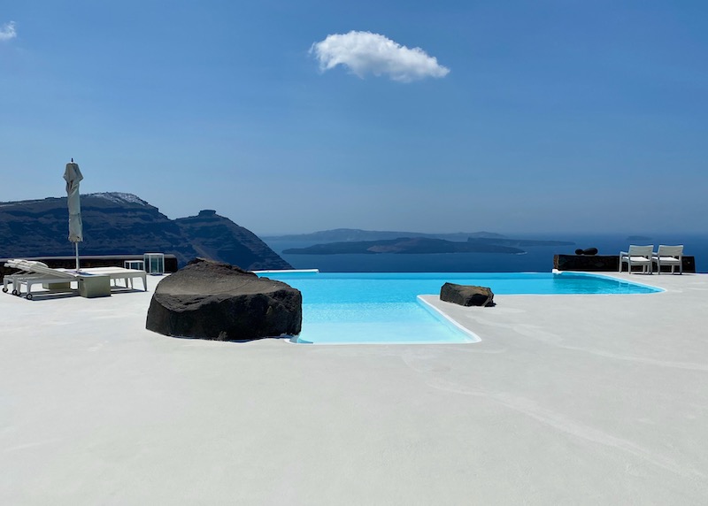 Main pool and view from Aenaon Villas in Imerovigli, Santorini
