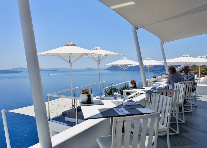 Restaurant and view from Canaves Oia Hotel in Santorini