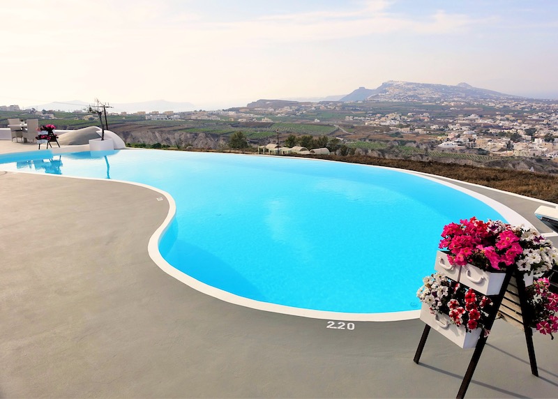 Pool and view from Carpe Diem in Pyrgos, Santorini