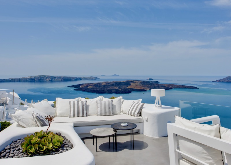 Common terrace and view from Dana Villas and Infinity Suites in Firostefani, Santorini