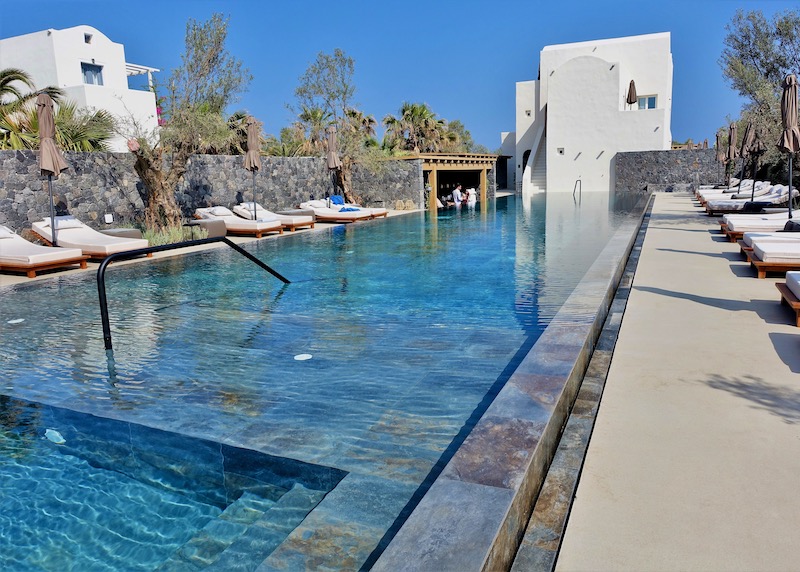 The pool at Istoria Hotel on Perivolos Beach in Santorini