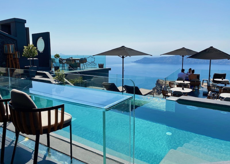 The glass front infinity pool at Kivotos Hotel in Imerovigli, Santorini