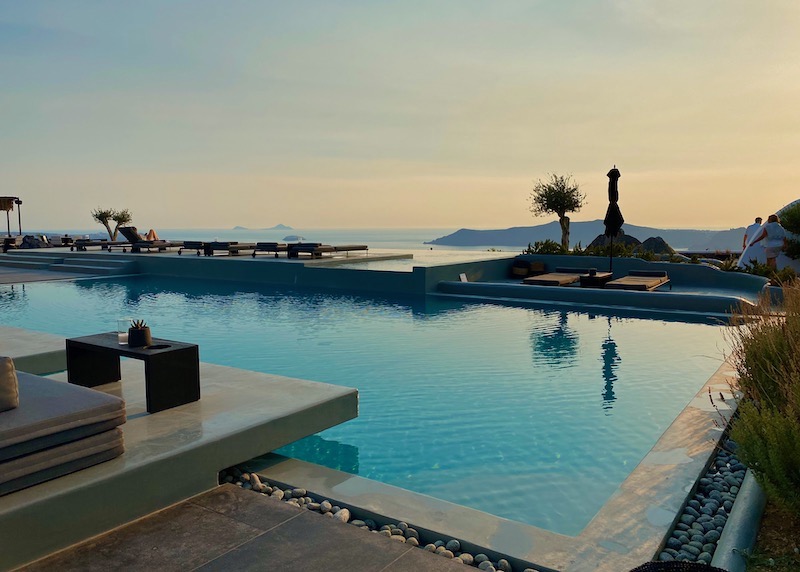 The pool at sunset at Nobu Hotel in Imerovigli, Santorini