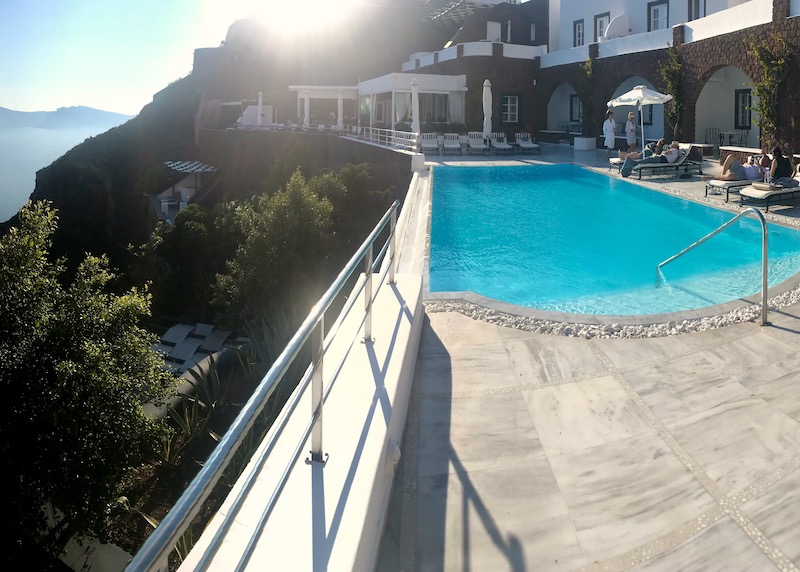 The pool and restaurant at San Antonio Resort in Imerovigli, Santorini