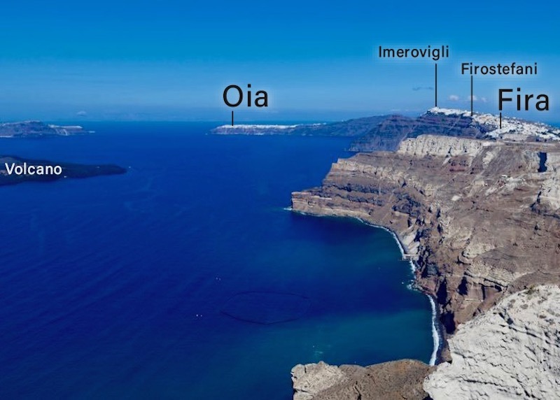 View of the main caldera villages with labels on each.