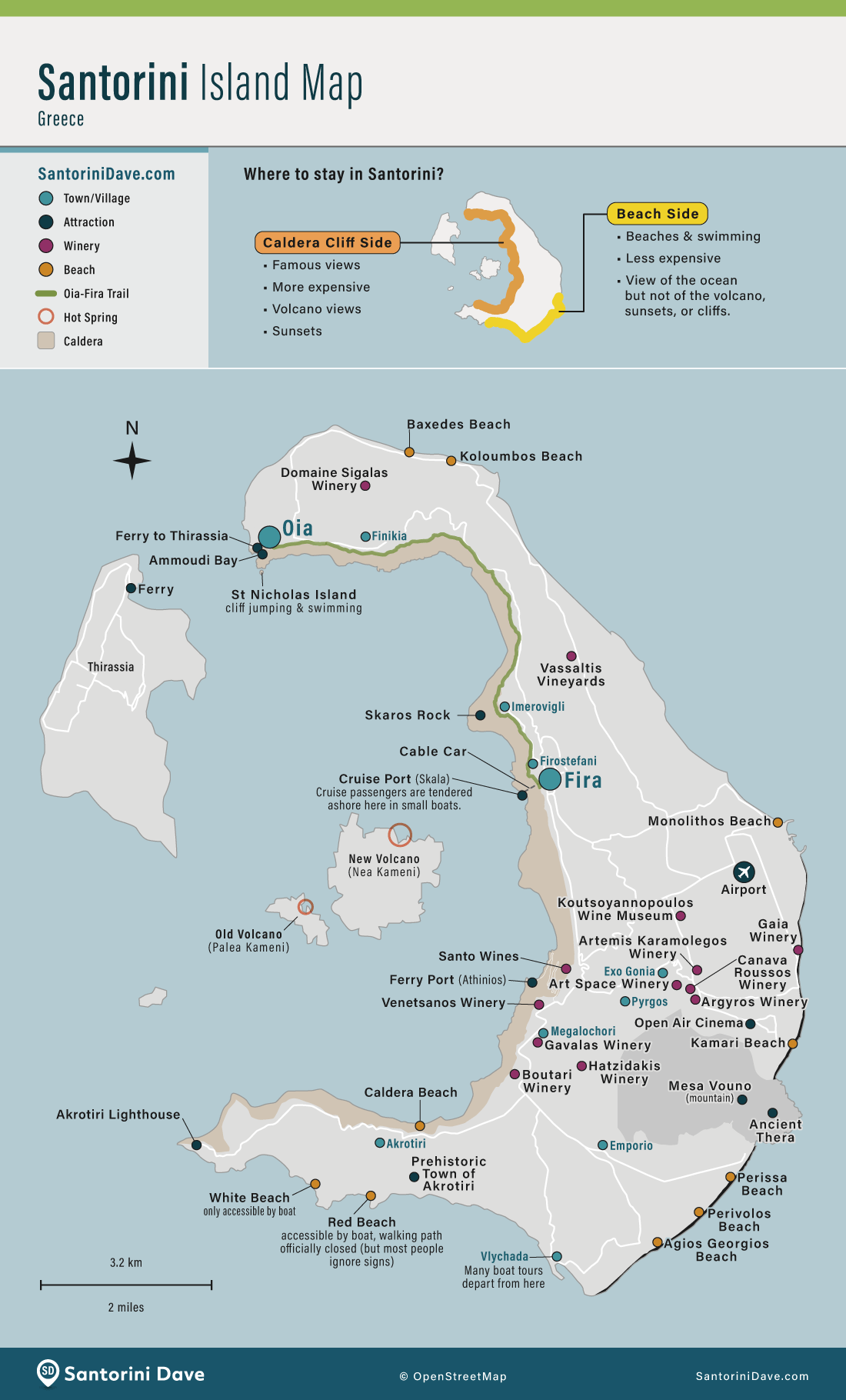 Santorini map of wineries, attractions, beaches, hot springs, and main towns.