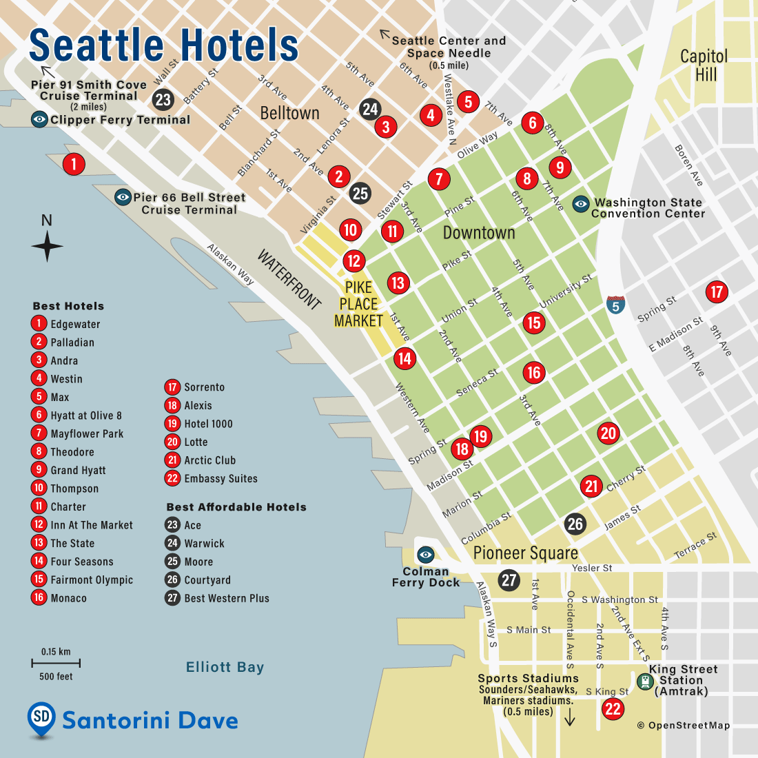 Map of luxury and affordable hotels in Seattle