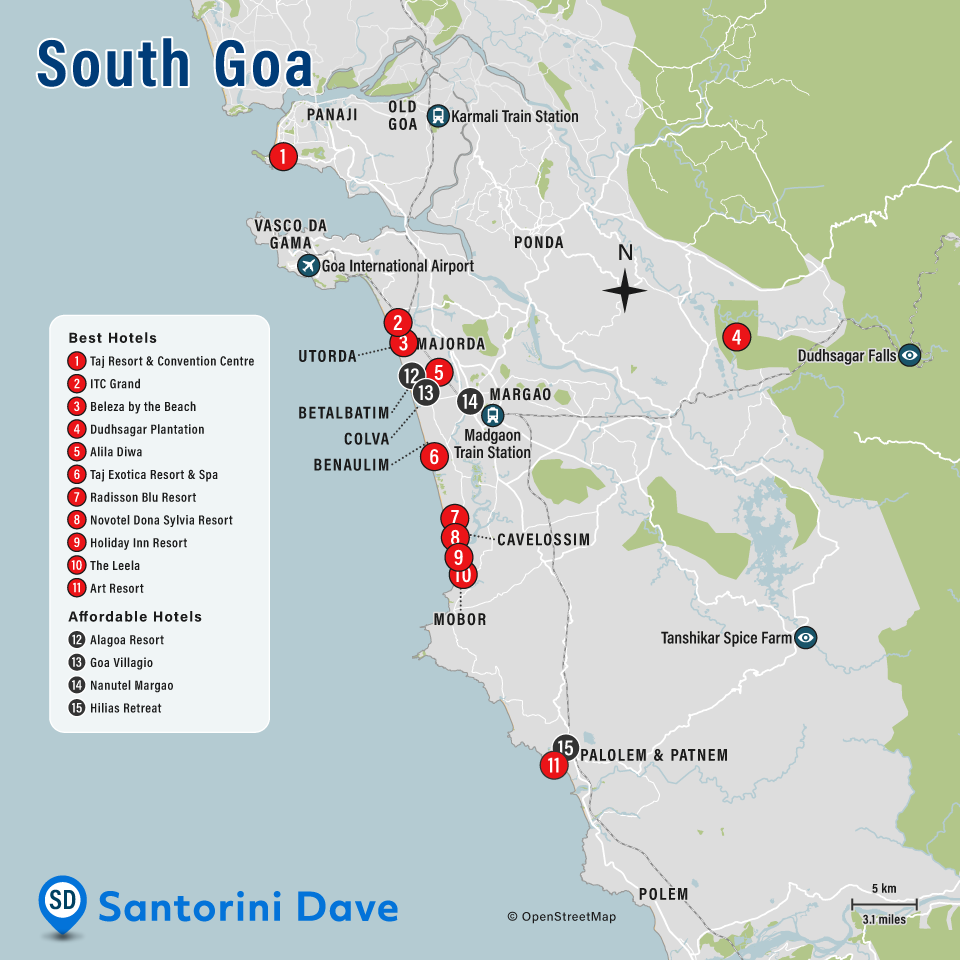 Map of South Goa Hotels and Beaches.