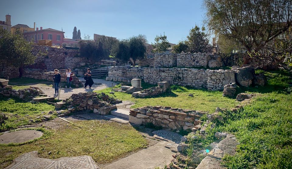 Archaeological site with small sections of mosaic tile flooring