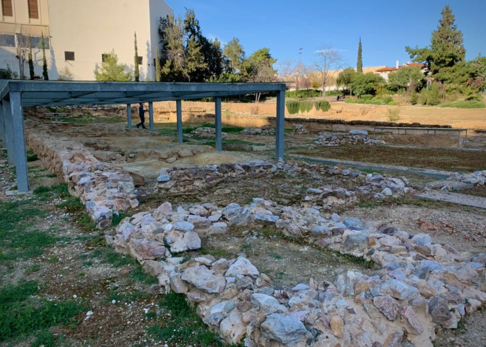 Stone square foundation at an archaeological dig site