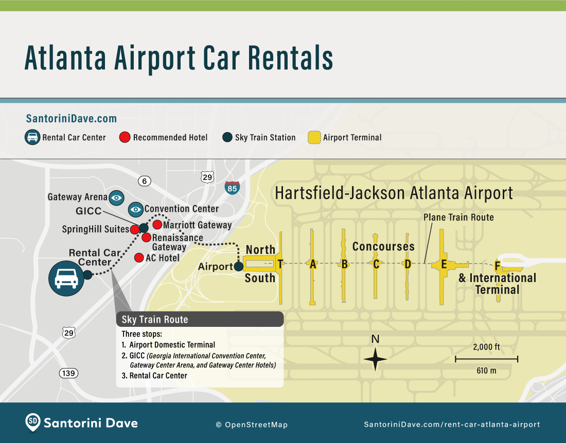 Map of the Atlanta airport, showing the location of rental car facilities, hotels, and terminals