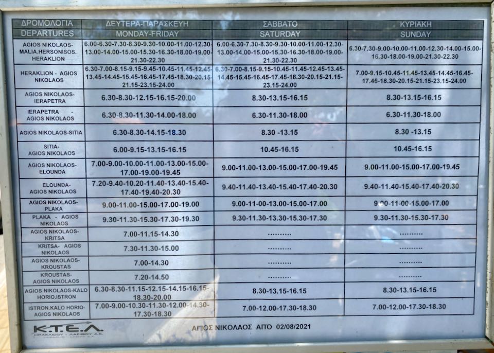 Bus schedule for Heraklion, Crete bus routes.