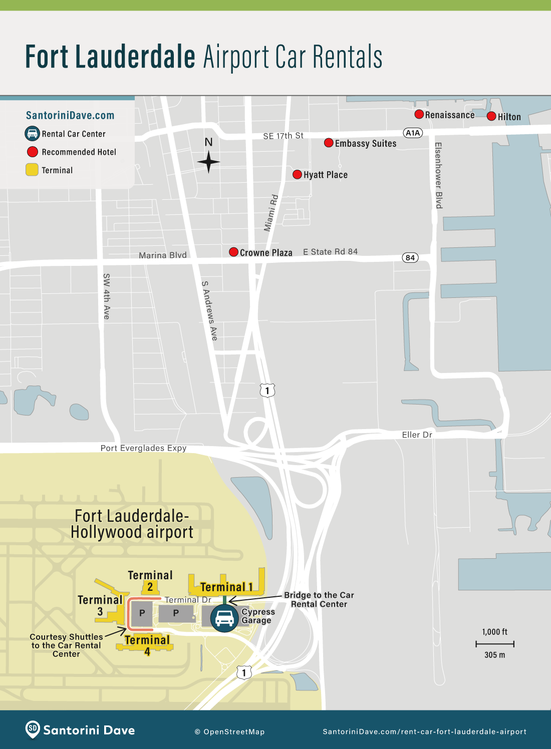 Map of the Fort Lauderdale Hollywood Airport and Rental Car Center.