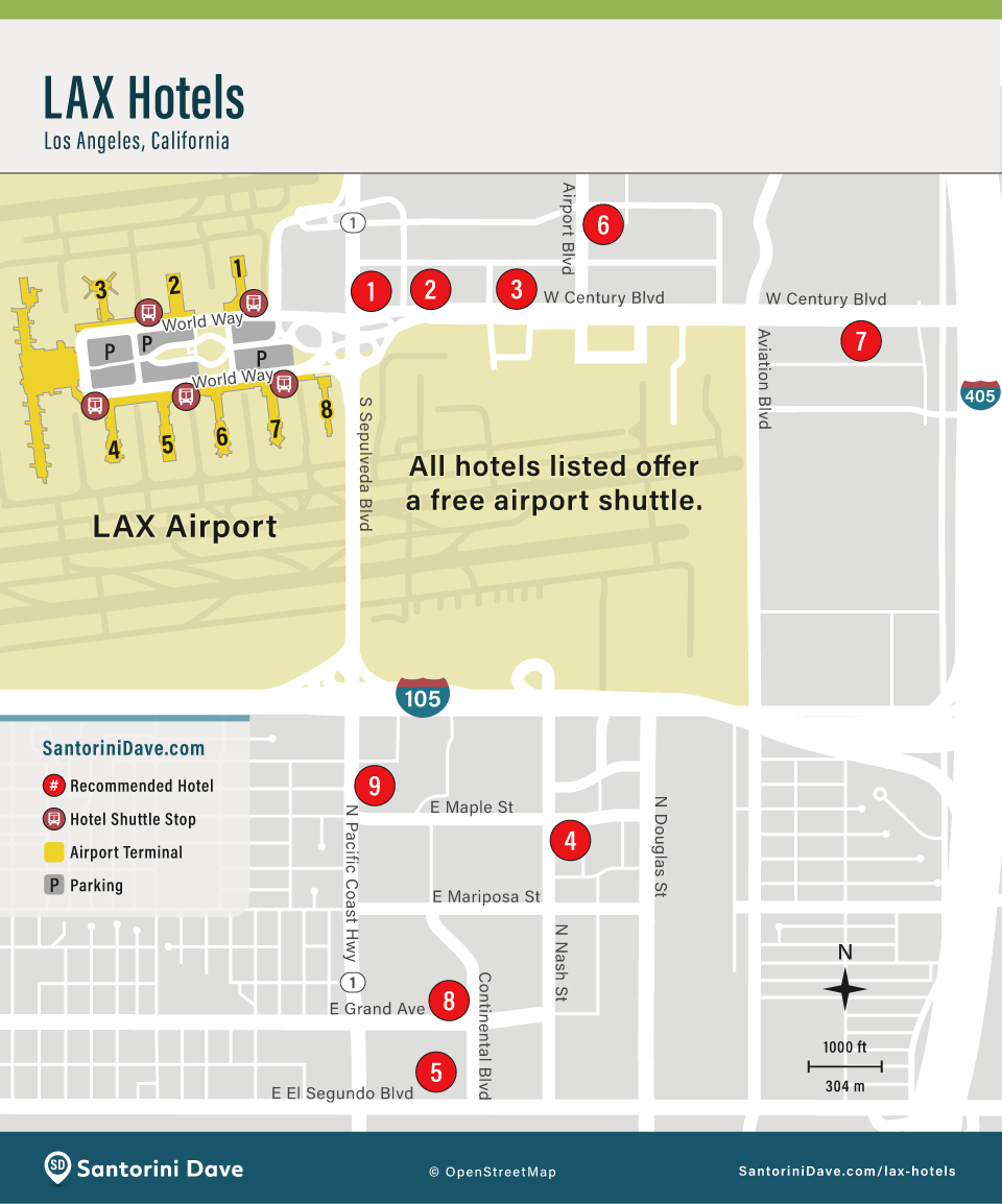 Map of hotels near LAX Airport in Los Angeles.