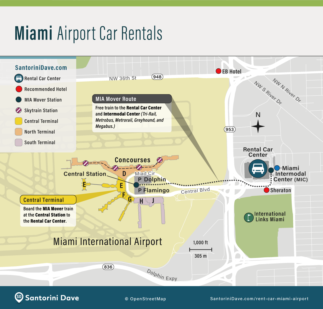 Map of showing the location of the Miami airport Rental Car Center.
