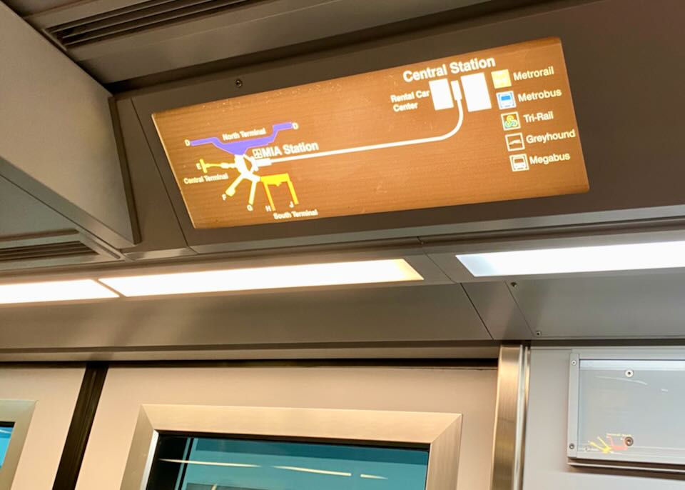 A map on the MIA Mover train shows where the airport is in relation to Central Station.