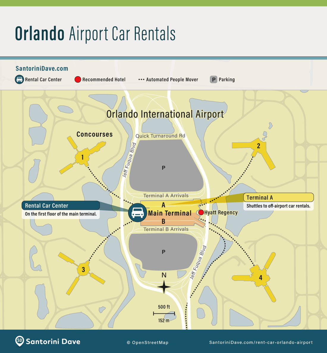 Map showing the location of the Orlando Florida airport Rental Car Center and airport terminals and shuttles.