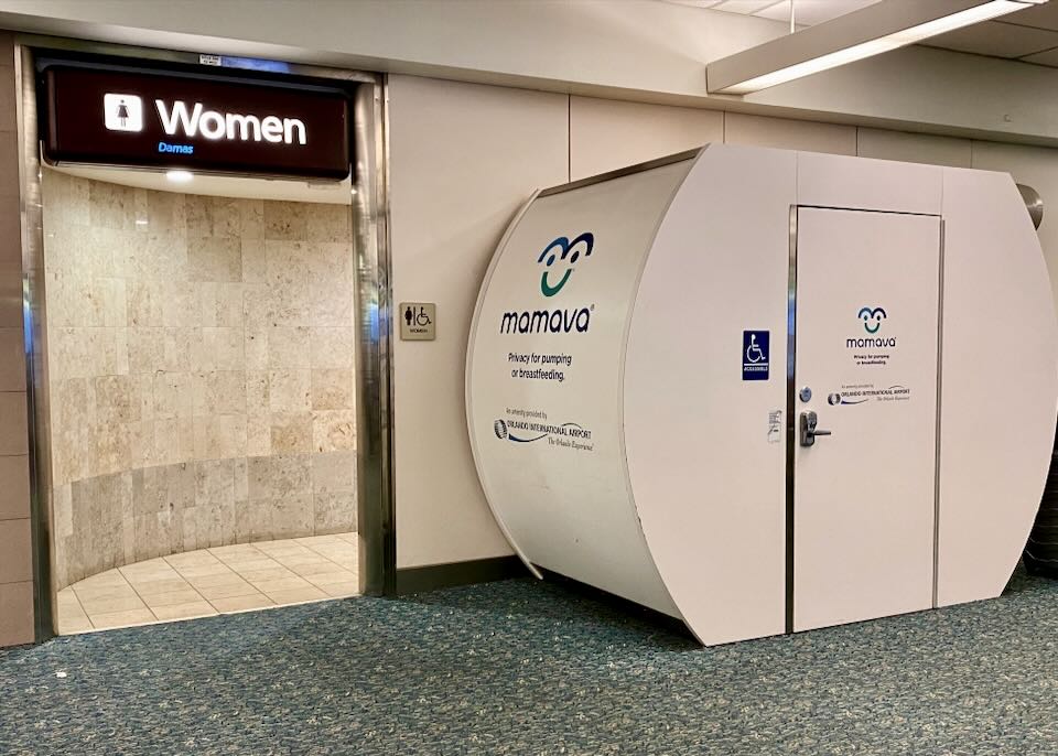 An enclosed nursing pod sites outside the women's restroom.