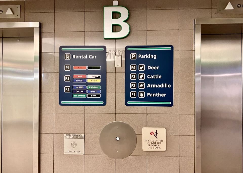 Two elevators go to different garages, one to the parking garage and one to the rental car garage.