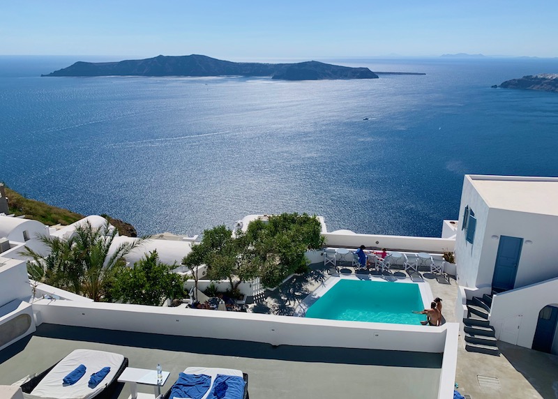 Pool and view at Galaxy Suites in Imerovigli, Santorini