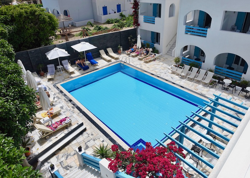 Pool terrace at Santellini Hotel in Kamari, Santorini