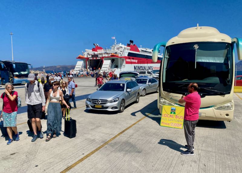 Public bus at the Santorini ferry port.