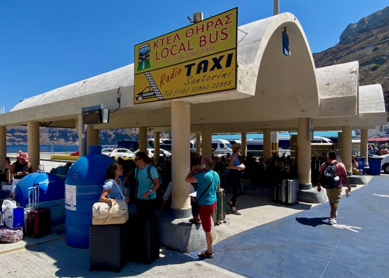 Waiting area for buses and taxis at the Athinios ferry port.