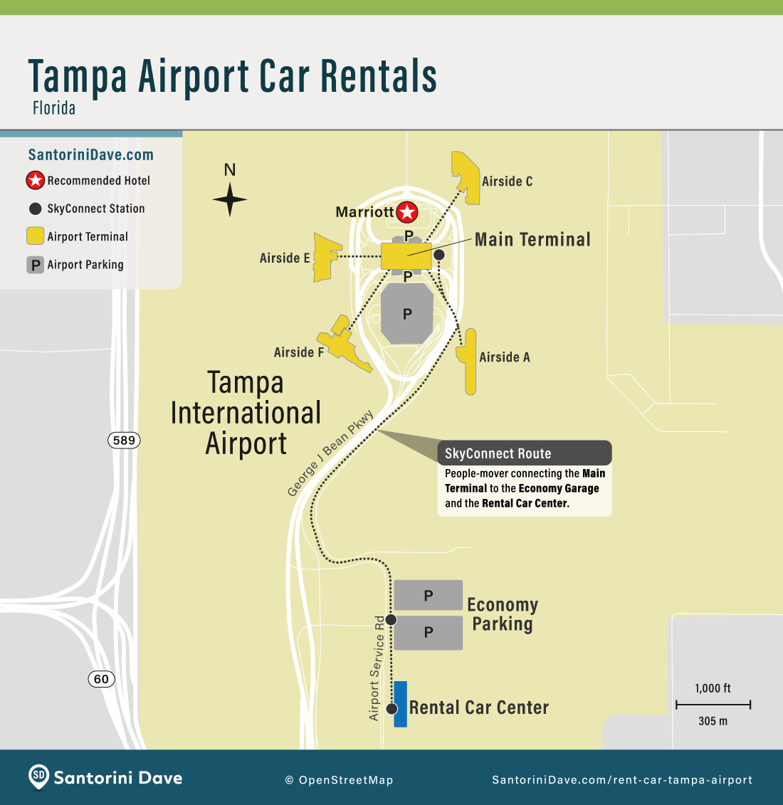 Tampa Airport car rentals map showing the SkyConnect Route to the Renal Car Center.