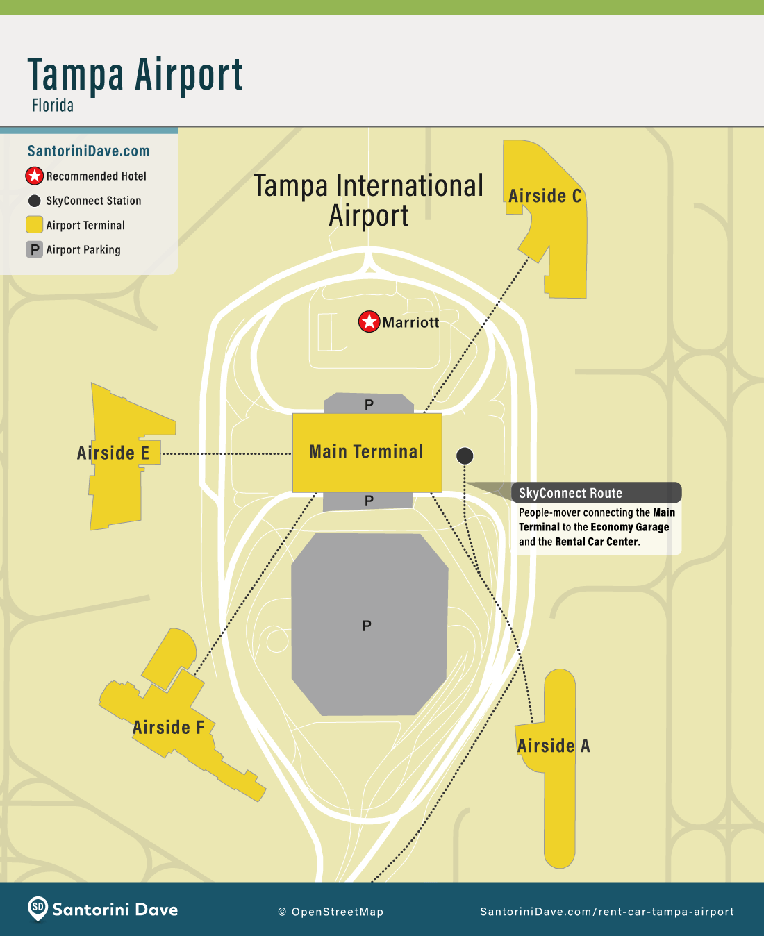 A map showing Tampa airport terminals, SkyConnect station, the Marriott, and parking.