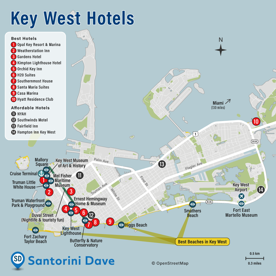 Map of best hotels and beach resorts in Key West, Florida Keys