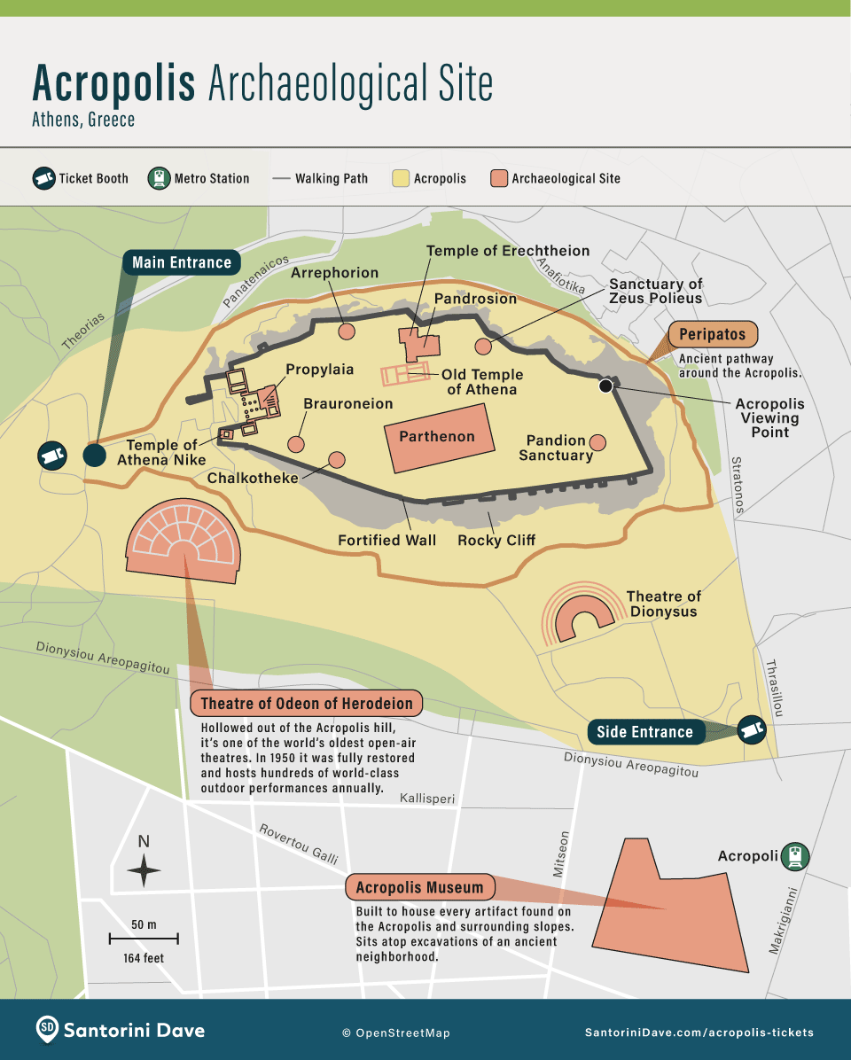 Map showing the location of prominent structures on the Acropolis of Athens