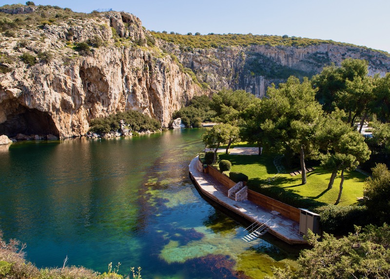 Lake Vouliagmeni with a cave in the Athens Riviera