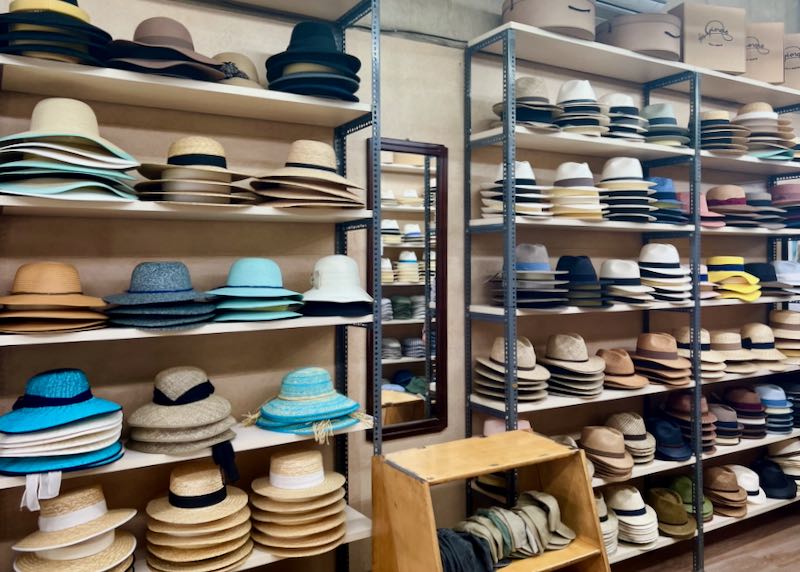 Stacks of panama hats and fedoras displayed on a store shelf.