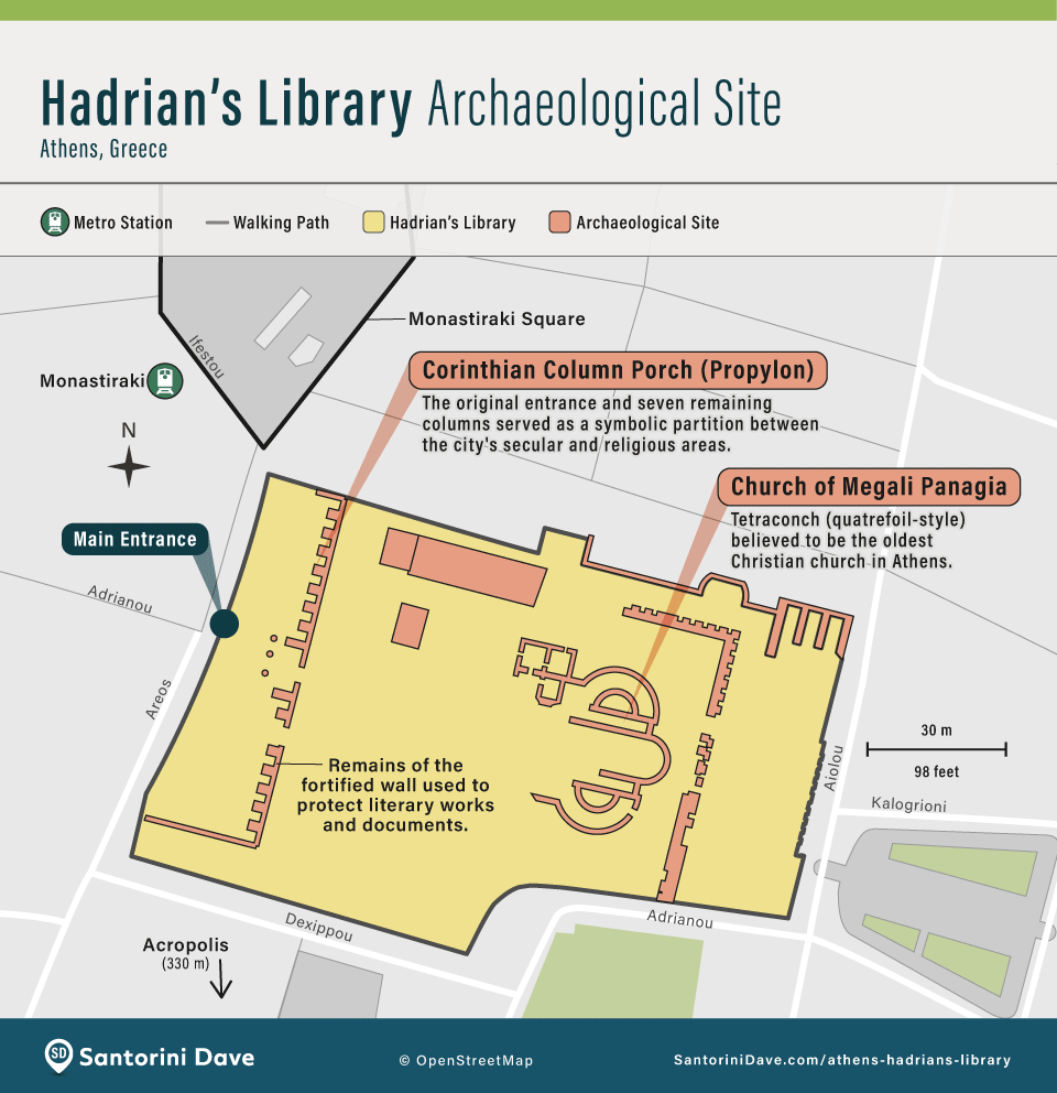 Map of the archaeological site of Hadrian's Library in Athens, Greece