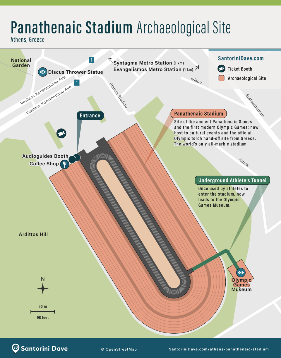 Map showing the features and location of the Panathenaic Stadium in Athens, Greece.