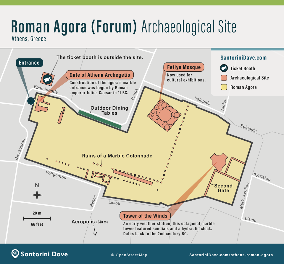 Descriptive map showing the locations of the major structures at the Roman Agora in Athens.