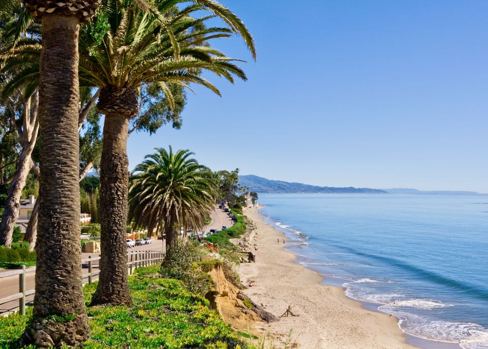 Beach in Santa Barbara with luxury hotels.