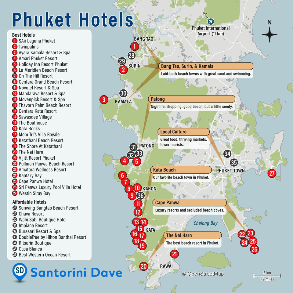 Map of Phuket Hotels and Beach Resorts.