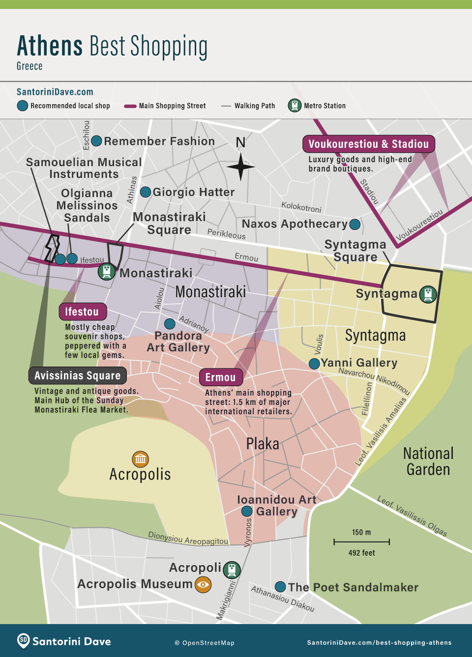 Map showing the locations of the best shopping areas and local shops in Athens, Greece