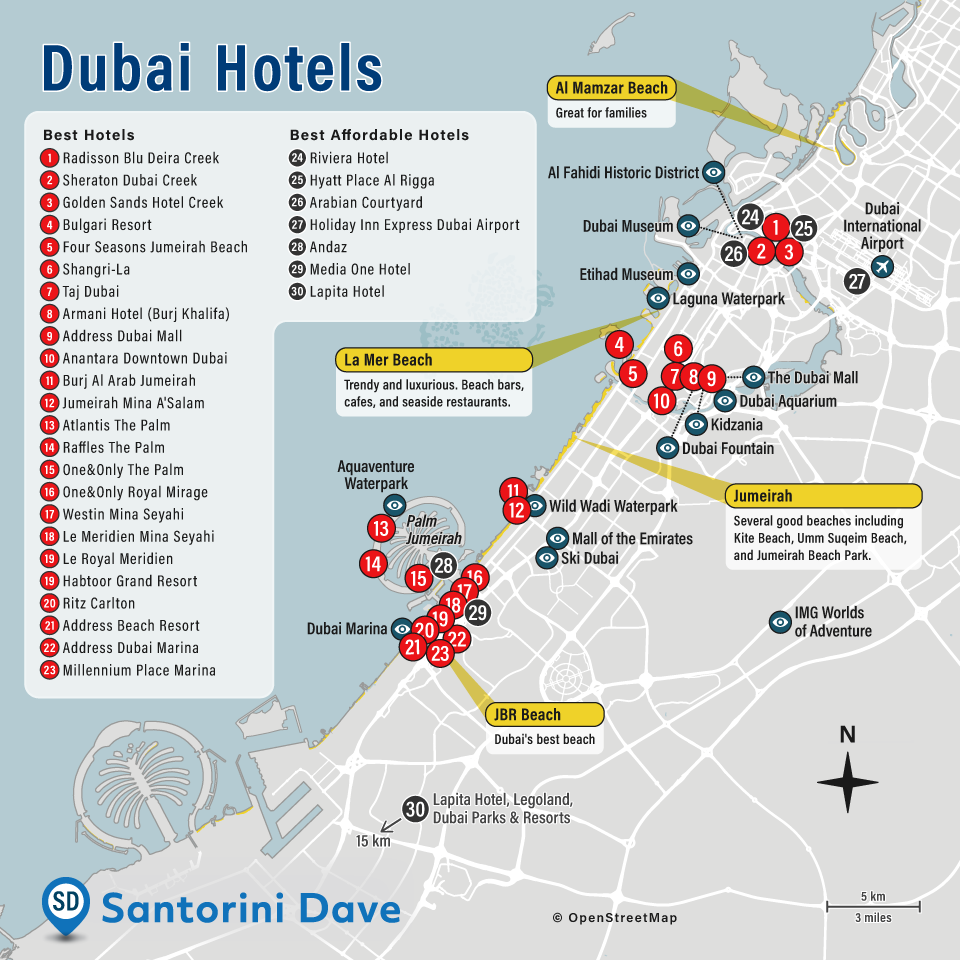Map of best hotels and beach resorts in Dubai.