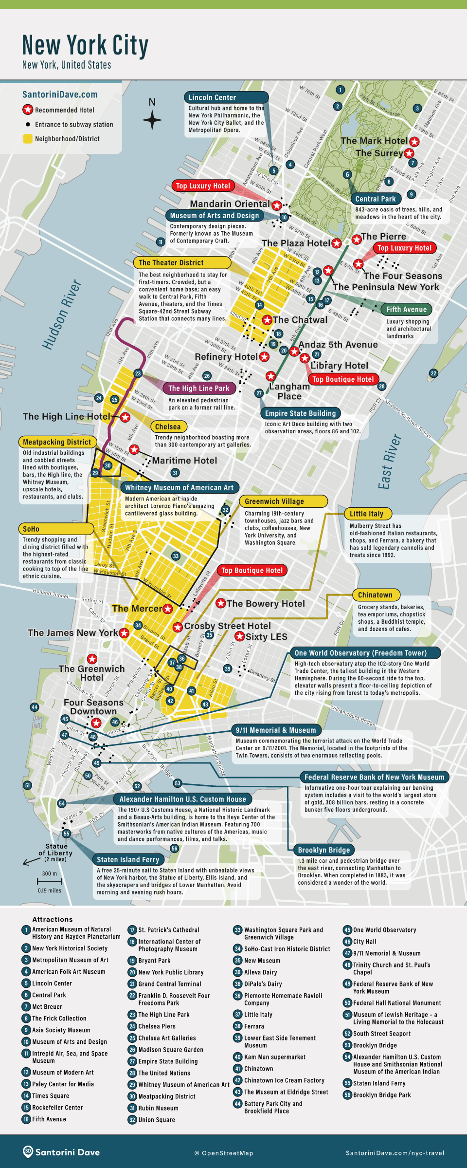 Map of hotels in Manhattan, NYC.