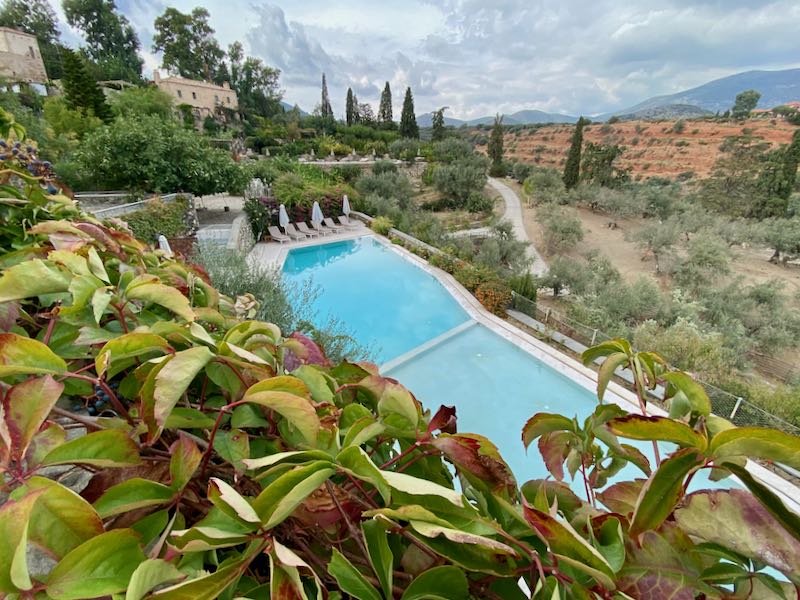 View over a vine-laden balcony to a pool, olive grove, and mountains