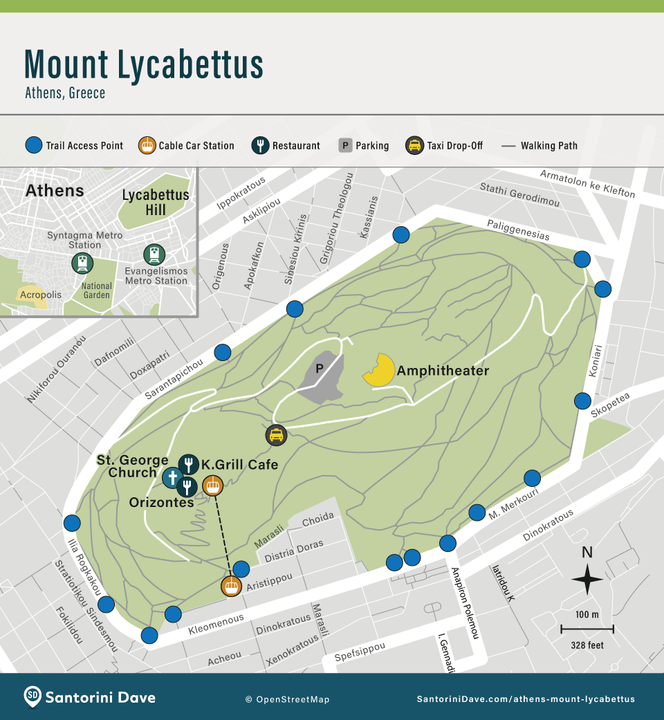 Map showing the location, structures, and car and hiking access to Lycabettus Hill in Athens, Greece