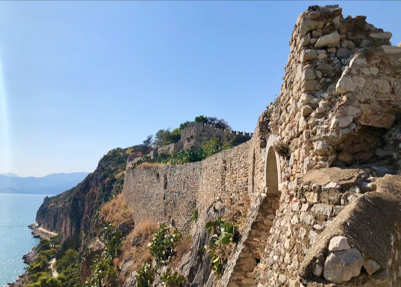 The rocky sides of Acronafplia castle above nafplio, and the view to the sea below