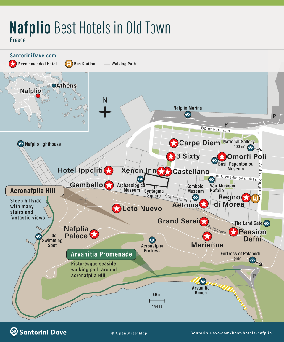 Map showing the locations of the best hotels in Old Town Nafplio