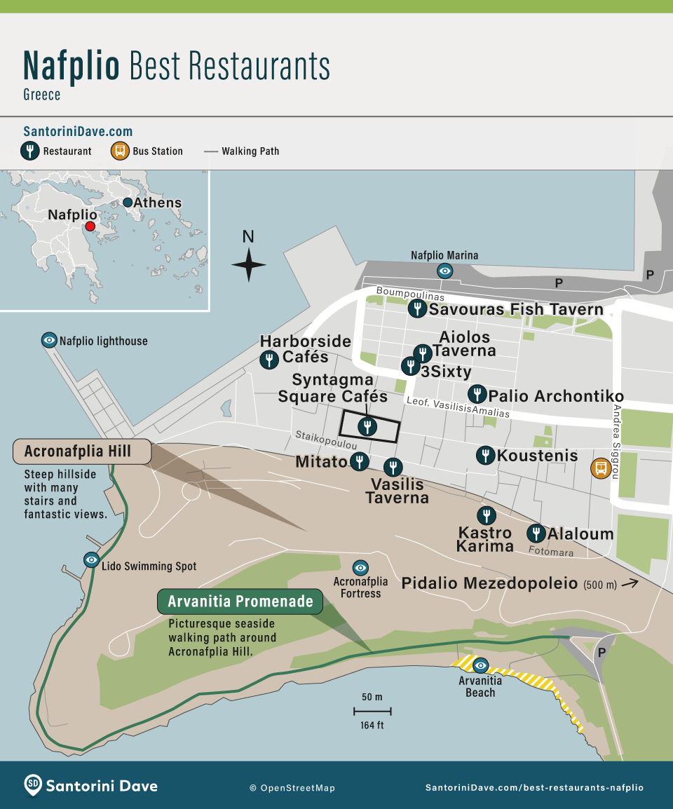 Map showing the locations of the best places to eat in Nafplio, Greece
